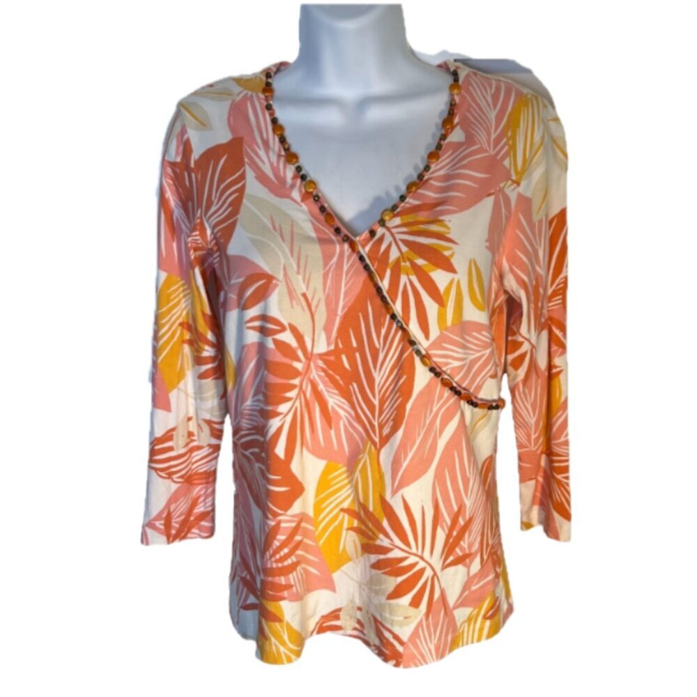 Lark Lane - Women's S Blouse Beaded V-Neck Faux Wrap 3/4 Sleeve Tropical Leaf